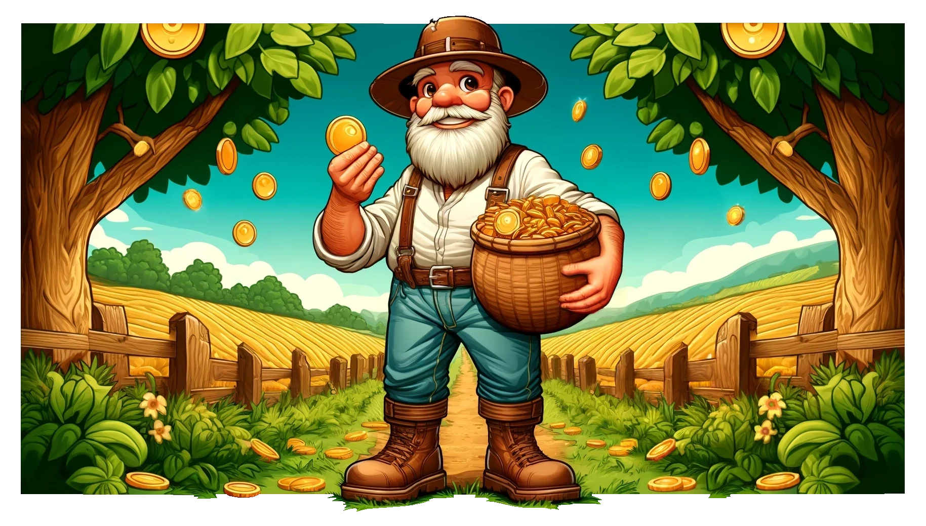 A happy farmer harvesting gold coins from the trees.