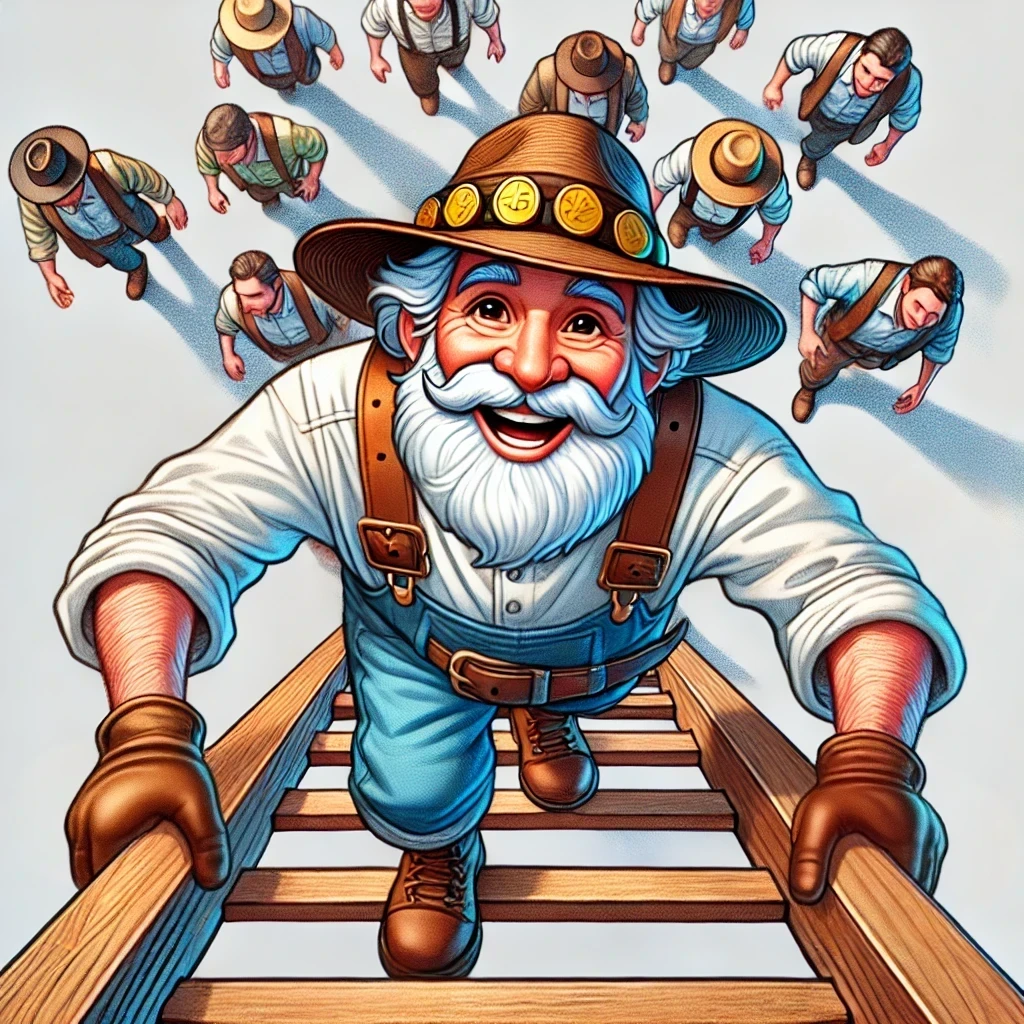 GoldFarmer climbing a ladder, leaving his competitors behind.