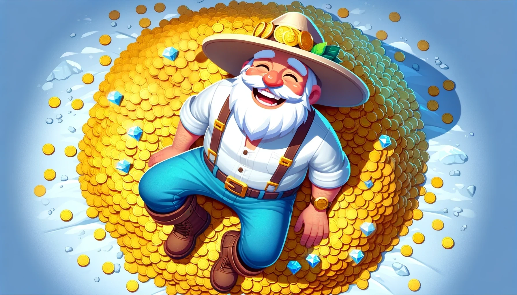 A happy farmer harvesting gold coins and blue diamonds from the trees.