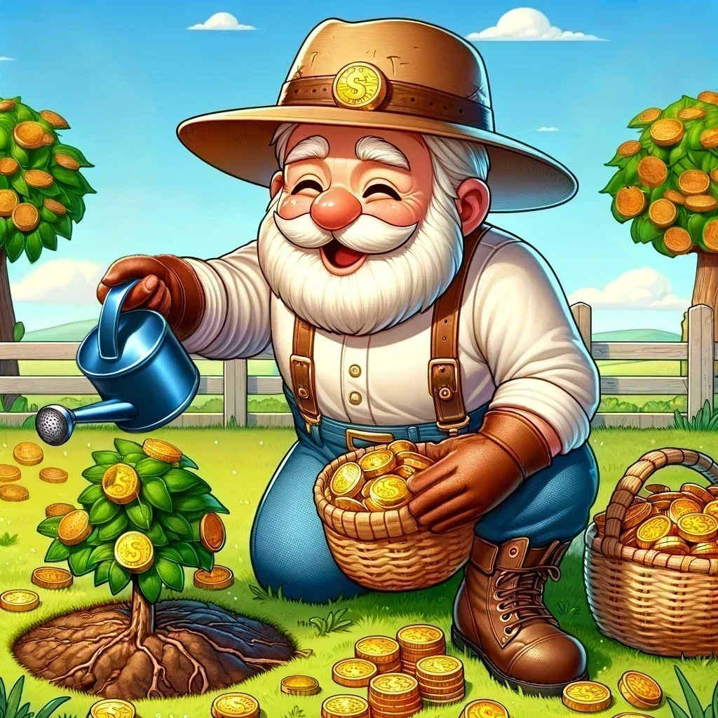 A farmer, surrounded by baskets full of gold coins ready to plant, is watering a small coin tree. Big coin trees with golden coins ready to harvest are visible in the background.