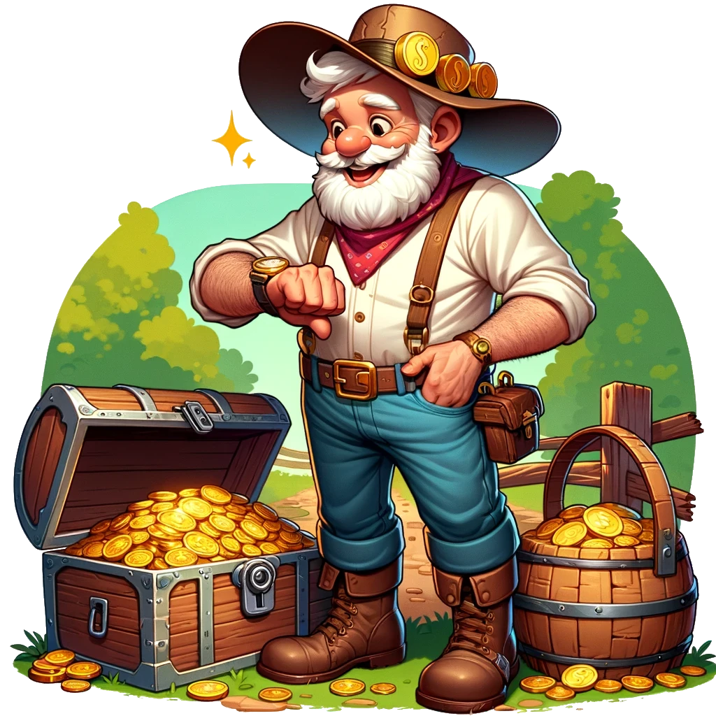 A farmer impatiently looking at his watch, waiting for a chest with treasure in it to open.